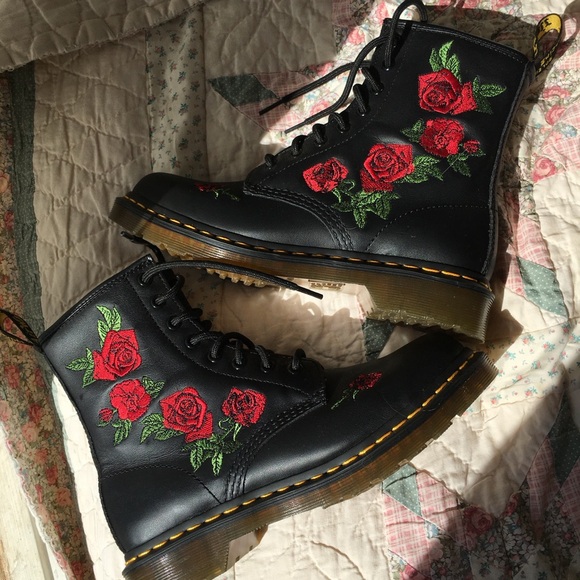 Dr. Martens Shoes - Dr. Martens Black Lace-Up Combat Boots with Red Rose Embroidery